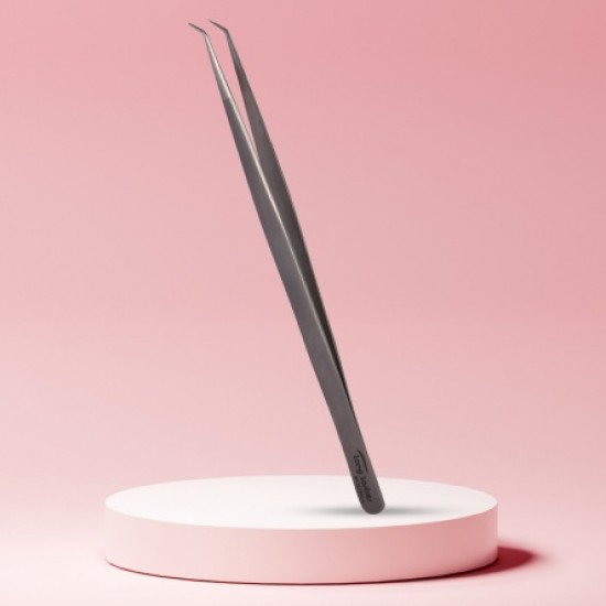 Long Lashes szempilla csipesz, keskeny hajlított - ezüst, 14cm