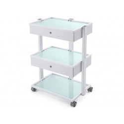 Kozmetikai eszköztartó kocsi üvegpolcos, zárható fiókokkal