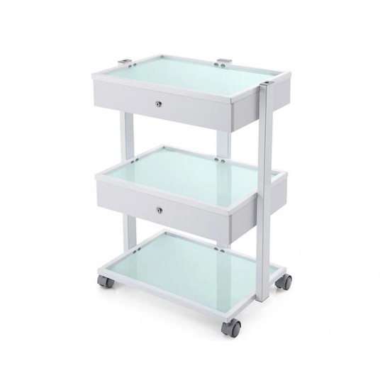Kozmetikai eszköztartó kocsi üvegpolcos, zárható fiókokkal